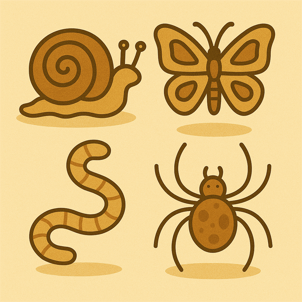 invertebrates including butterfly, worm, molusks, insects
