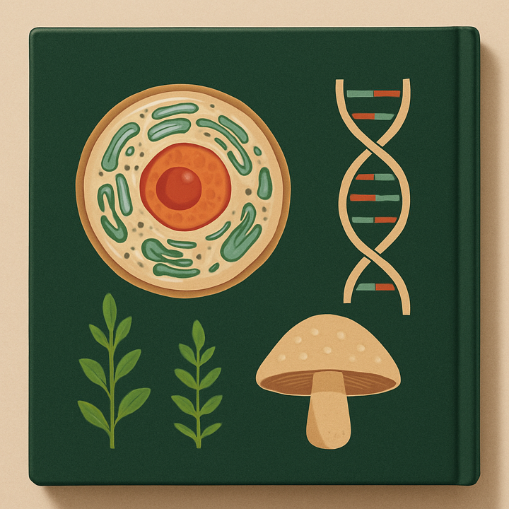Biology book with fungi,DNA, and plant illustrations